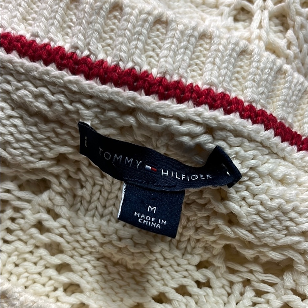 Tommy Hilfiger Cream Chunky Loose Pom Pom Knit Long Sleeve Cotton Sweater - Picture 15 of 16